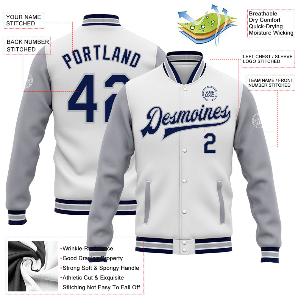 Custom White Navy-Gray Bomber Full-Snap Varsity Letterman Two Tone Jacket view 5