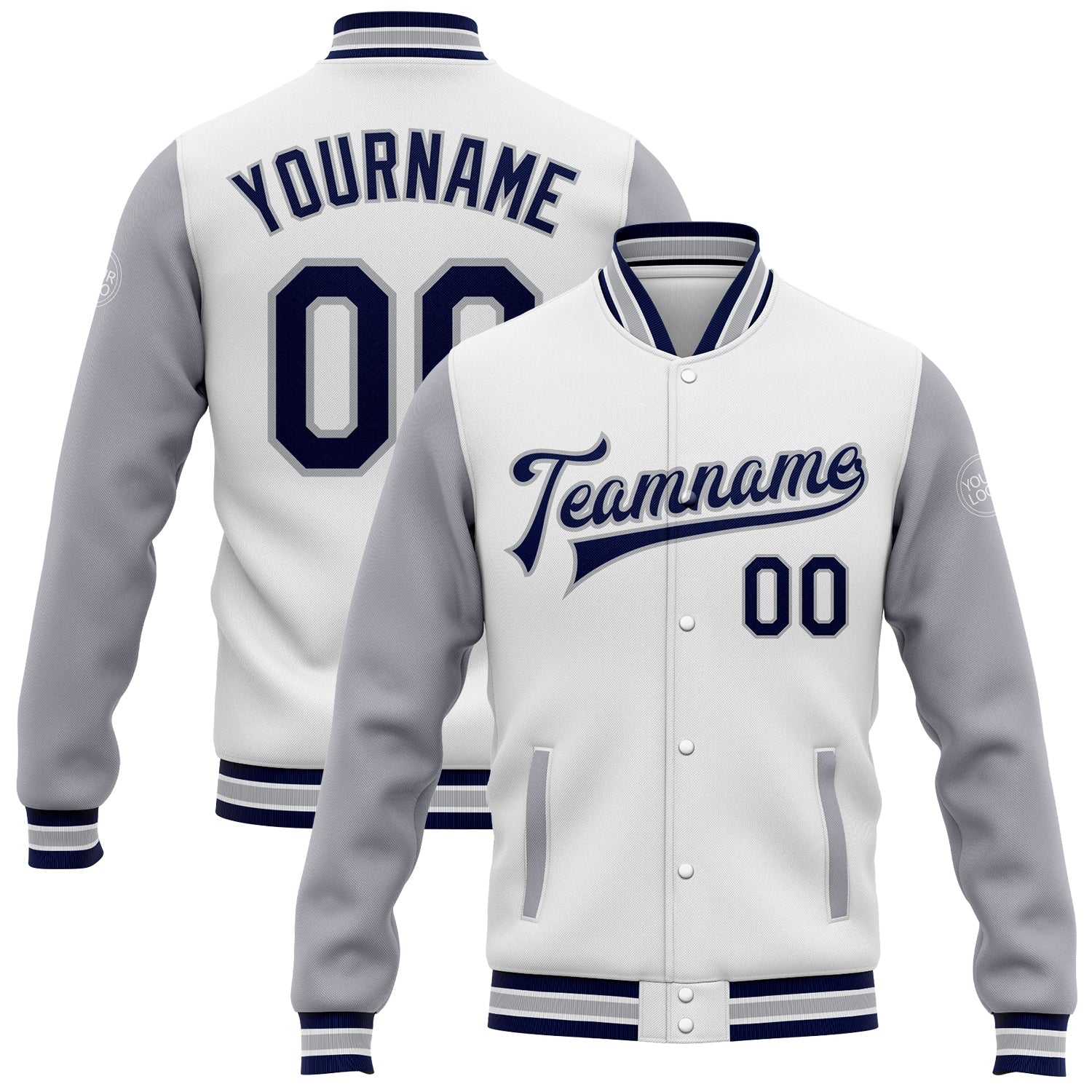 Custom White Navy-Gray Bomber Full-Snap Varsity Letterman Two Tone Jacket - Main View