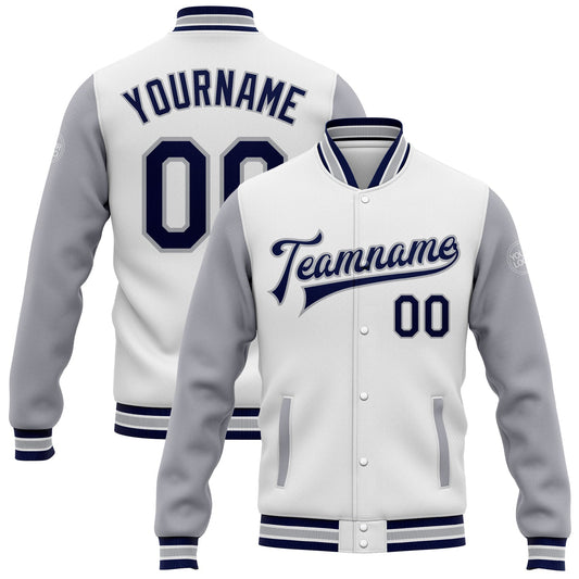 Custom White Navy-Gray Bomber Full-Snap Varsity Letterman Two Tone Jacket - Main View