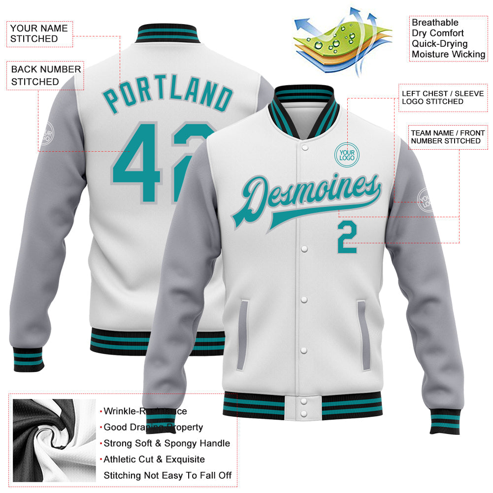 Custom White Teal Gray-Black Bomber Full-Snap Varsity Letterman Two Tone Jacket view 5