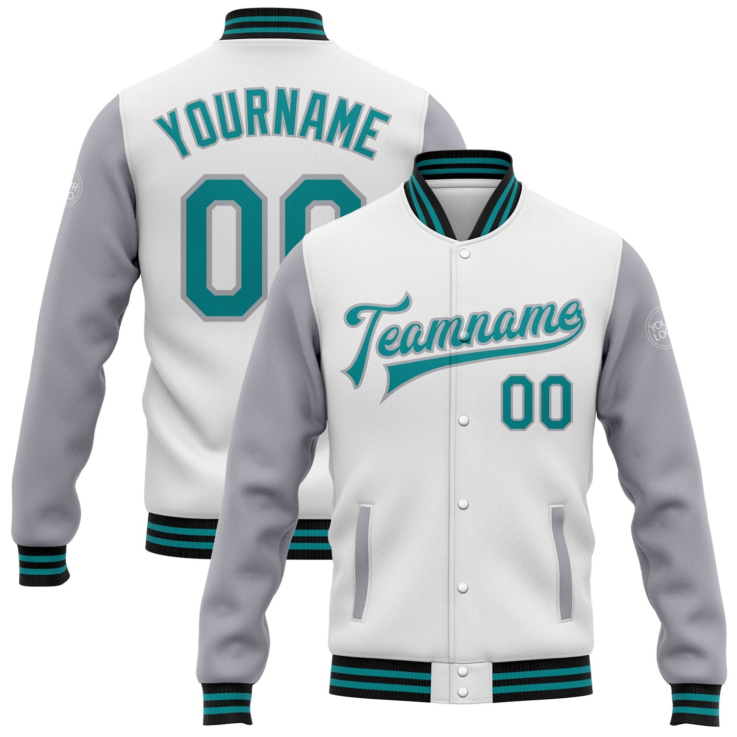 Custom White Teal Gray-Black Bomber Full-Snap Varsity Letterman Two Tone Jacket - Main View