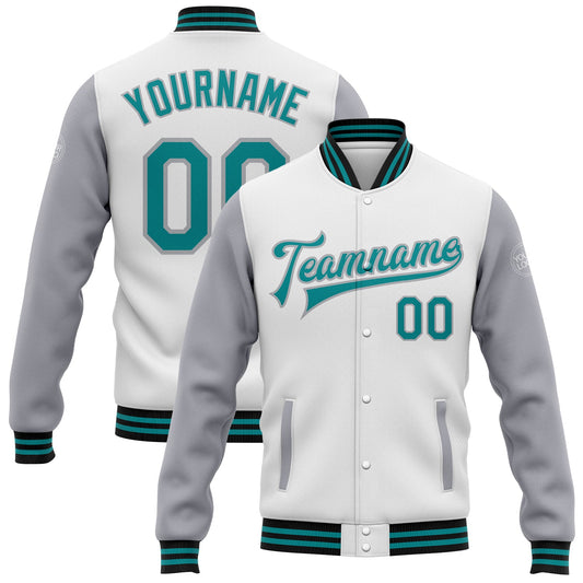 Custom White Teal Gray-Black Bomber Full-Snap Varsity Letterman Two Tone Jacket - Main View