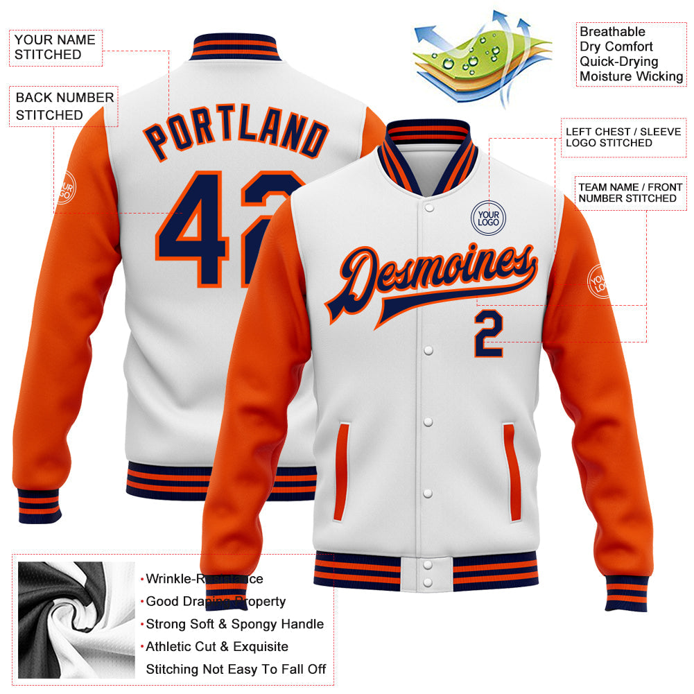 Custom White Navy-Orange Bomber Full-Snap Varsity Letterman Two Tone Jacket view 5