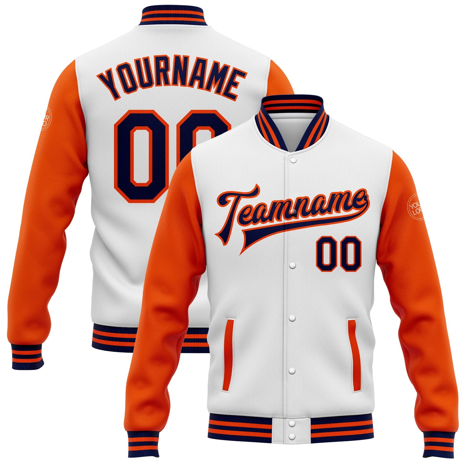 Custom White Navy-Orange Bomber Full-Snap Varsity Letterman Two Tone Jacket - Main View