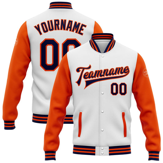 Custom White Navy-Orange Bomber Full-Snap Varsity Letterman Two Tone Jacket - Main View