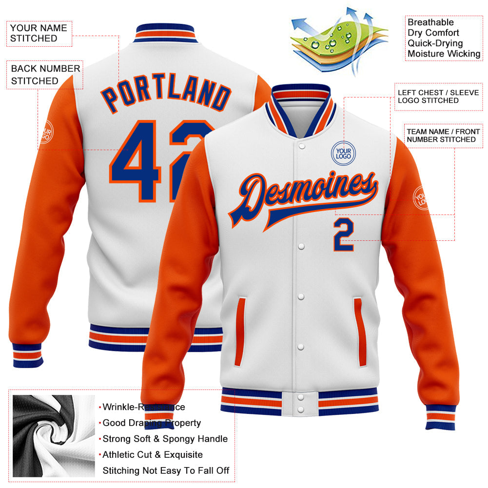 Custom White Royal-Orange Bomber Full-Snap Varsity Letterman Two Tone Jacket view 5