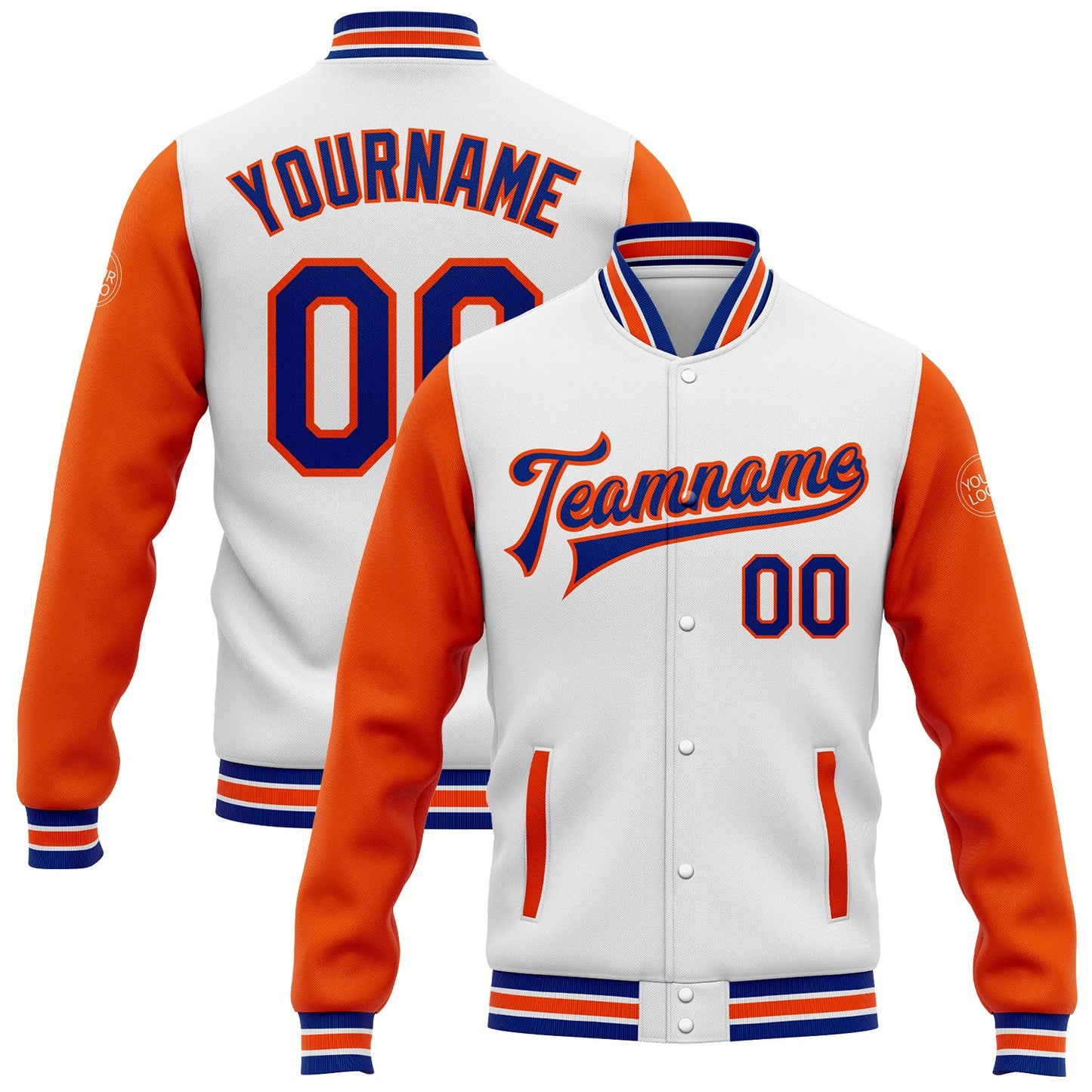 Custom White Royal-Orange Bomber Full-Snap Varsity Letterman Two Tone Jacket - Main View