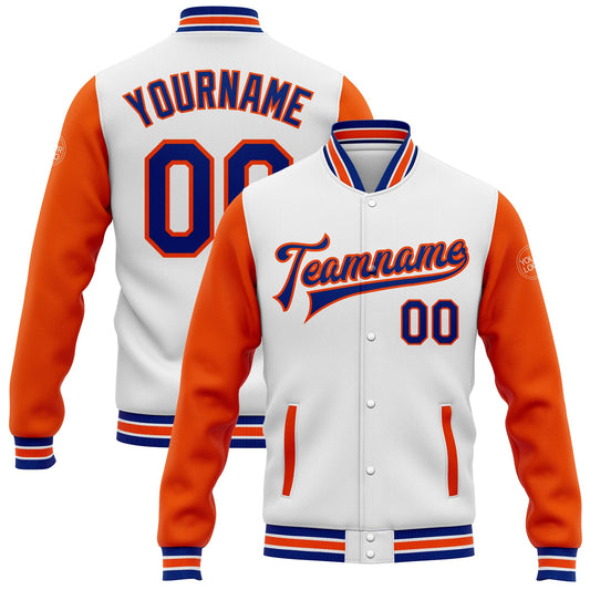 Custom White Royal-Orange Bomber Full-Snap Varsity Letterman Two Tone Jacket - Main View