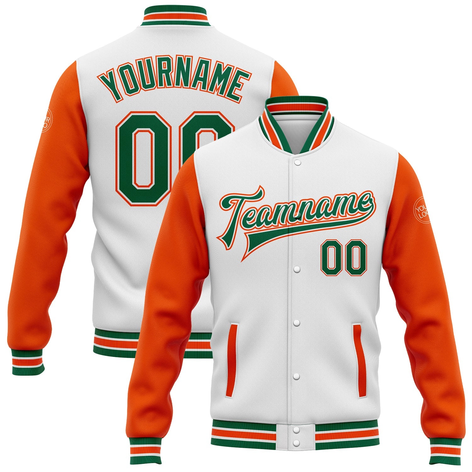 Custom White Kelly Green-Orange Bomber Full-Snap Varsity Letterman Two Tone Jacket - Main View