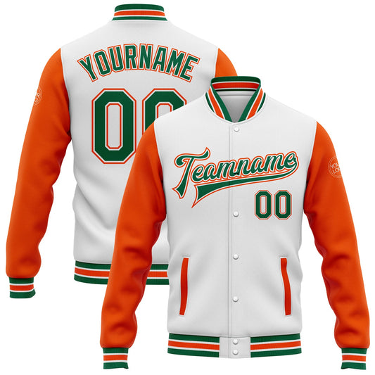 Custom White Kelly Green-Orange Bomber Full-Snap Varsity Letterman Two Tone Jacket - Main View