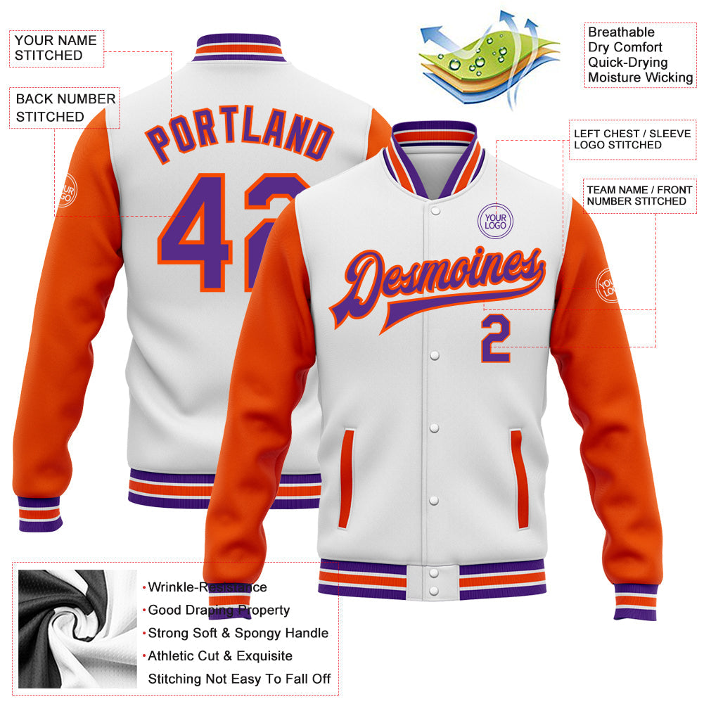 Custom White Purple-Orange Bomber Full-Snap Varsity Letterman Two Tone Jacket view 5