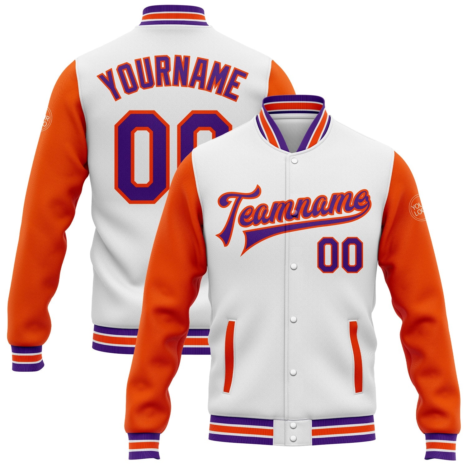 Custom White Purple-Orange Bomber Full-Snap Varsity Letterman Two Tone Jacket - Main View