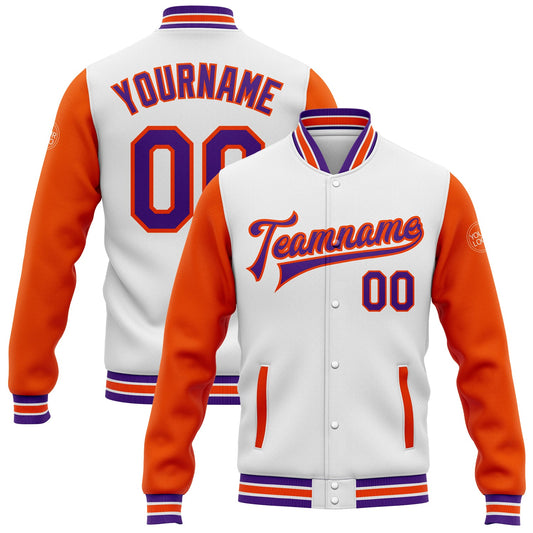 Custom White Purple-Orange Bomber Full-Snap Varsity Letterman Two Tone Jacket - Main View