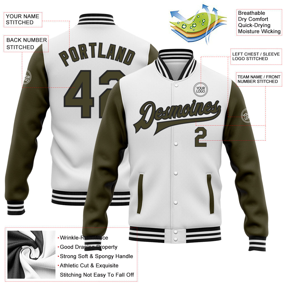 Custom White Olive-Black Bomber Full-Snap Varsity Letterman Two Tone Jacket view 5