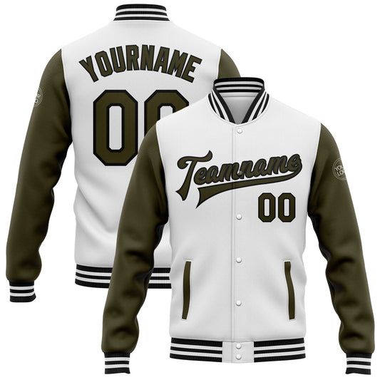 Custom White Olive-Black Bomber Full-Snap Varsity Letterman Two Tone Jacket - Main View