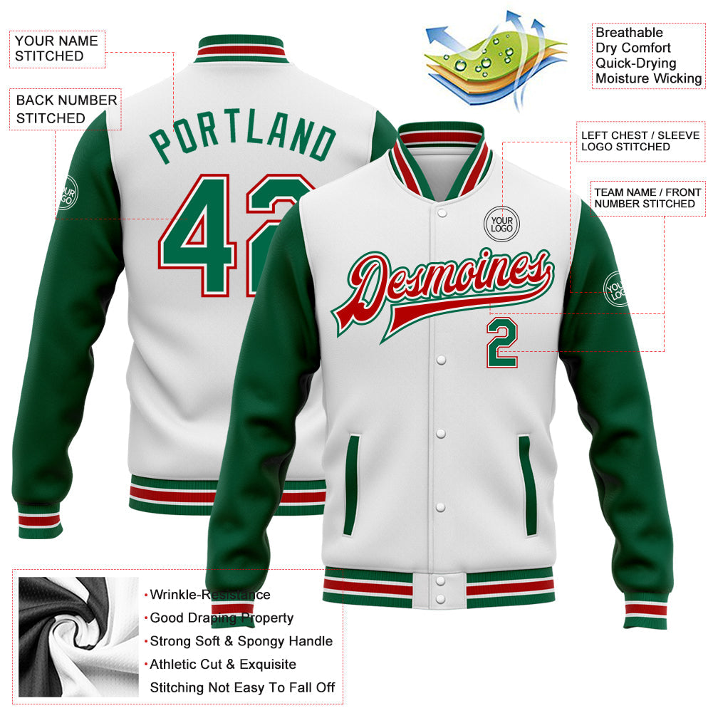 Custom White Kelly Green-Red Bomber Full-Snap Varsity Letterman Two Tone Jacket view 5