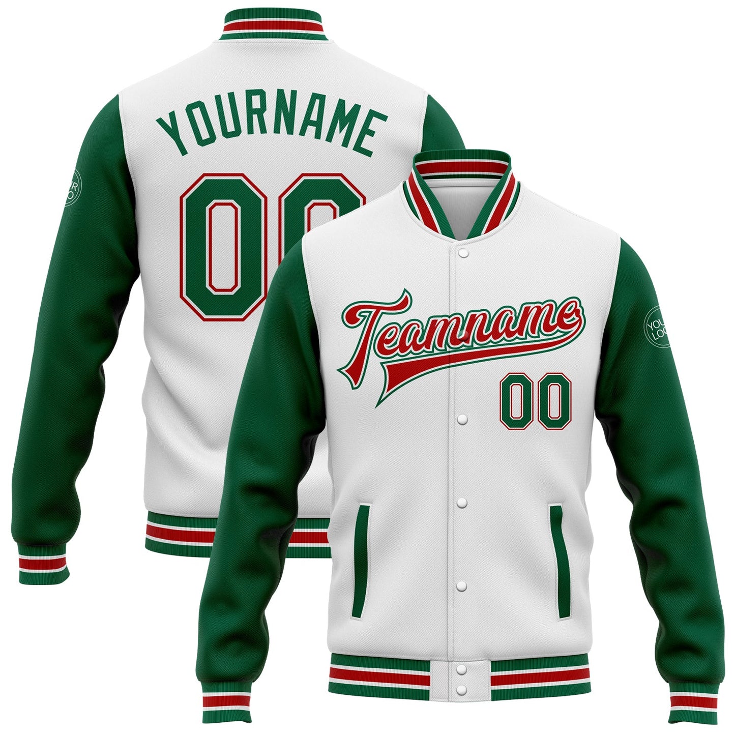 Custom White Kelly Green-Red Bomber Full-Snap Varsity Letterman Two Tone Jacket - Main View