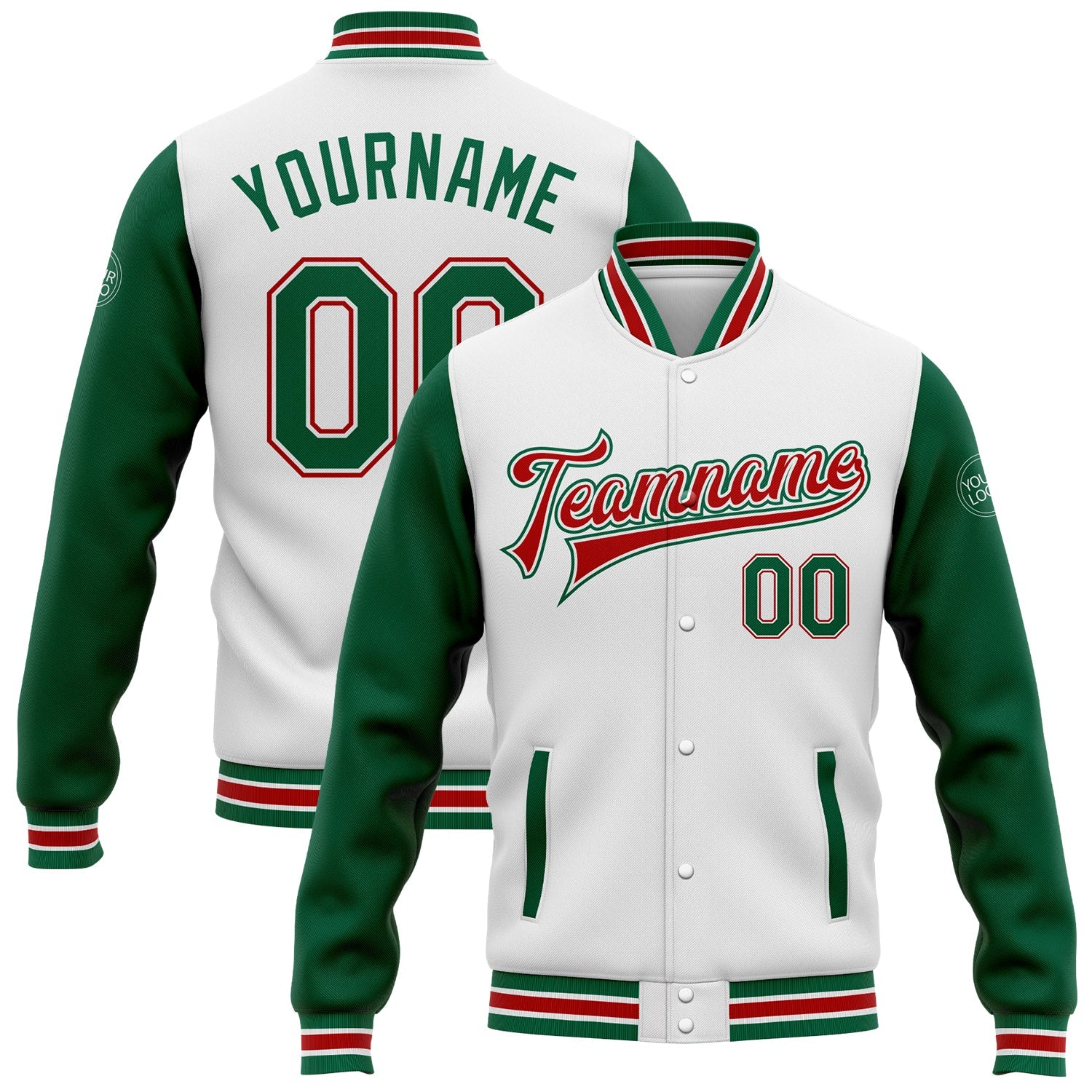 Custom White Kelly Green-Red Bomber Full-Snap Varsity Letterman Two Tone Jacket - Main View