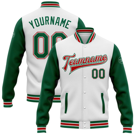 Custom White Kelly Green-Red Bomber Full-Snap Varsity Letterman Two Tone Jacket - Main View