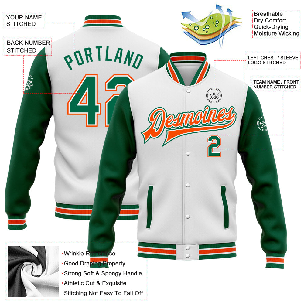 Custom White Kelly Green-Orange Bomber Full-Snap Varsity Letterman Two Tone Jacket view 5