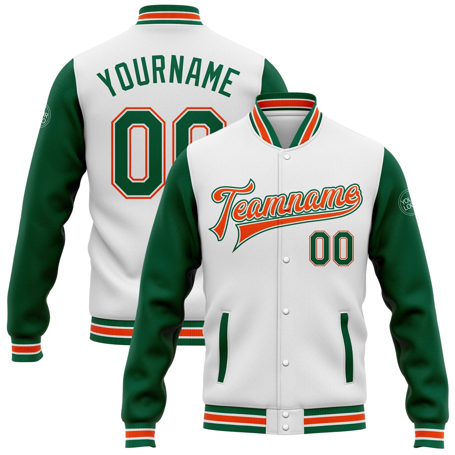 Custom White Kelly Green-Orange Bomber Full-Snap Varsity Letterman Two Tone Jacket - Main View