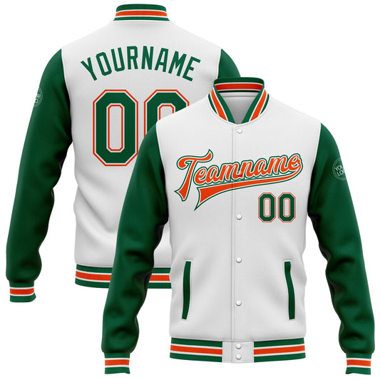 Custom White Kelly Green-Orange Bomber Full-Snap Varsity Letterman Two Tone Jacket - Main View
