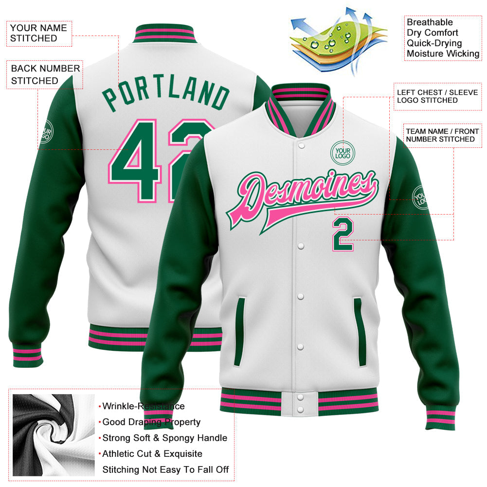 Custom White Kelly Green-Pink Bomber Full-Snap Varsity Letterman Two Tone Jacket view 5