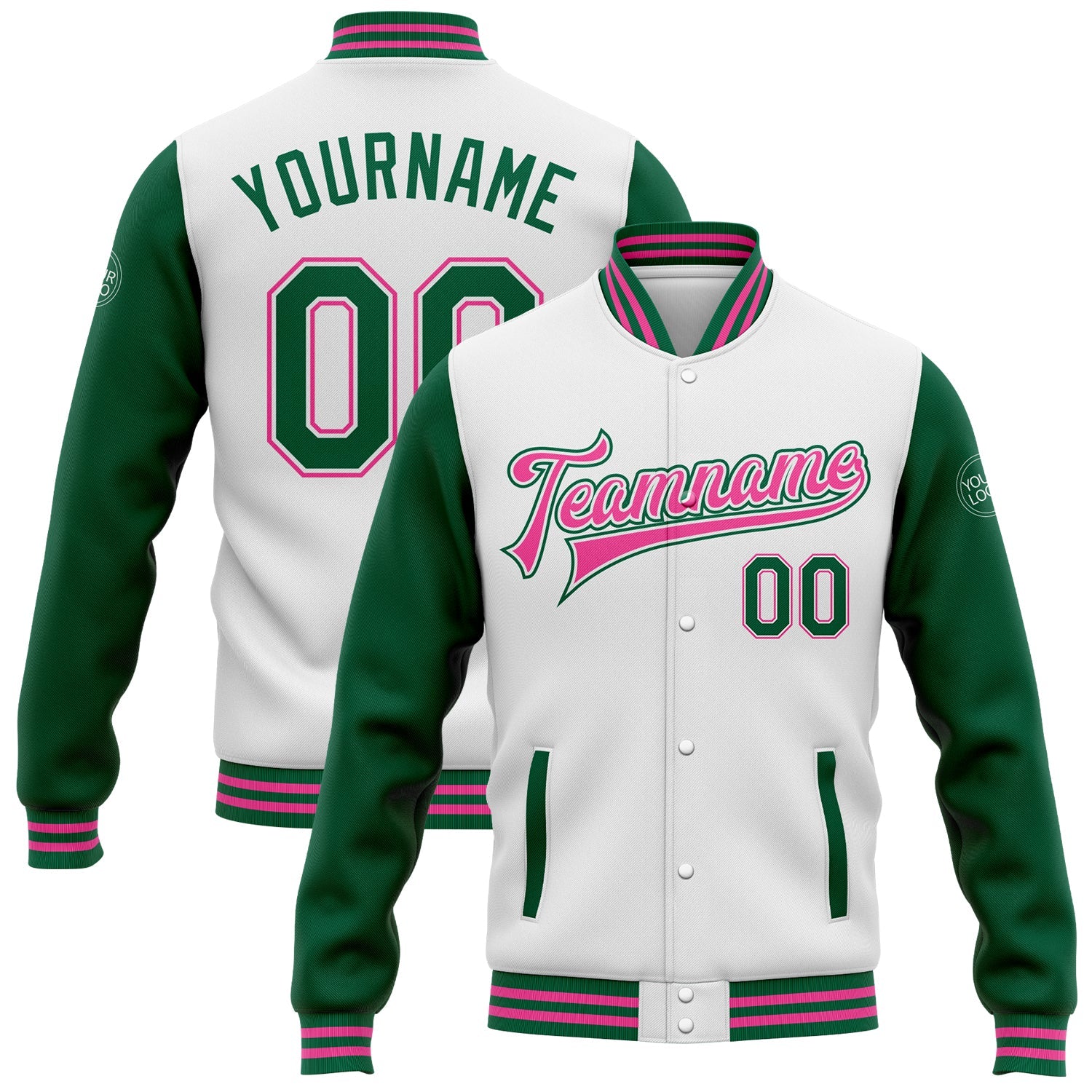 Custom White Kelly Green-Pink Bomber Full-Snap Varsity Letterman Two Tone Jacket - Main View