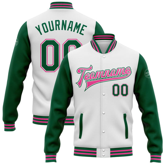 Custom White Kelly Green-Pink Bomber Full-Snap Varsity Letterman Two Tone Jacket - Main View