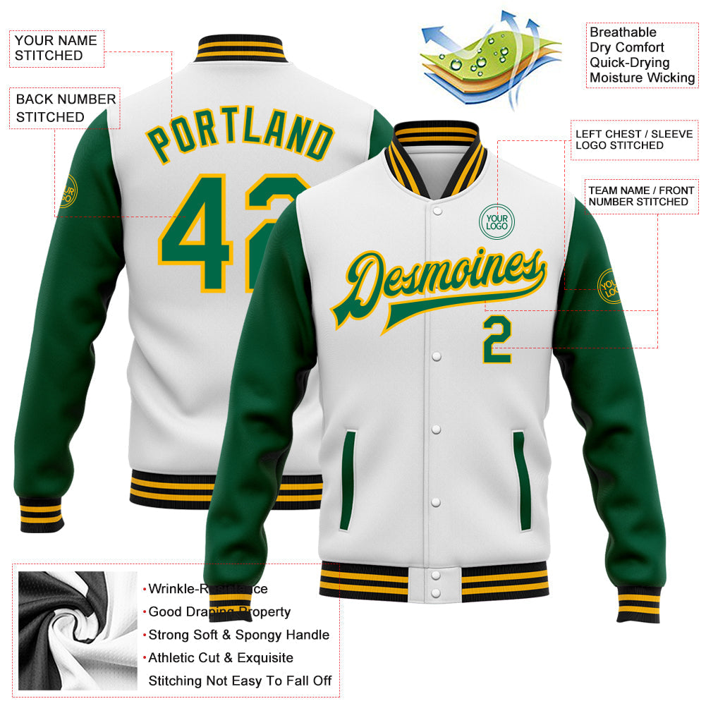 Custom White Kelly Green Gold-Black Bomber Full-Snap Varsity Letterman Two Tone Jacket view 5