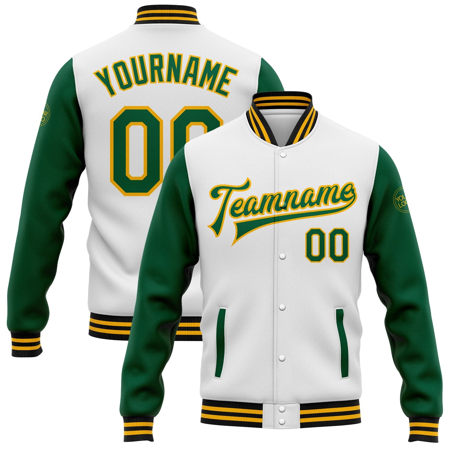 Custom White Kelly Green Gold-Black Bomber Full-Snap Varsity Letterman Two Tone Jacket - Main View