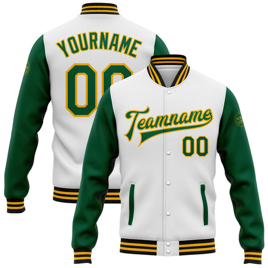Custom White Kelly Green Gold-Black Bomber Full-Snap Varsity Letterman Two Tone Jacket - Main View
