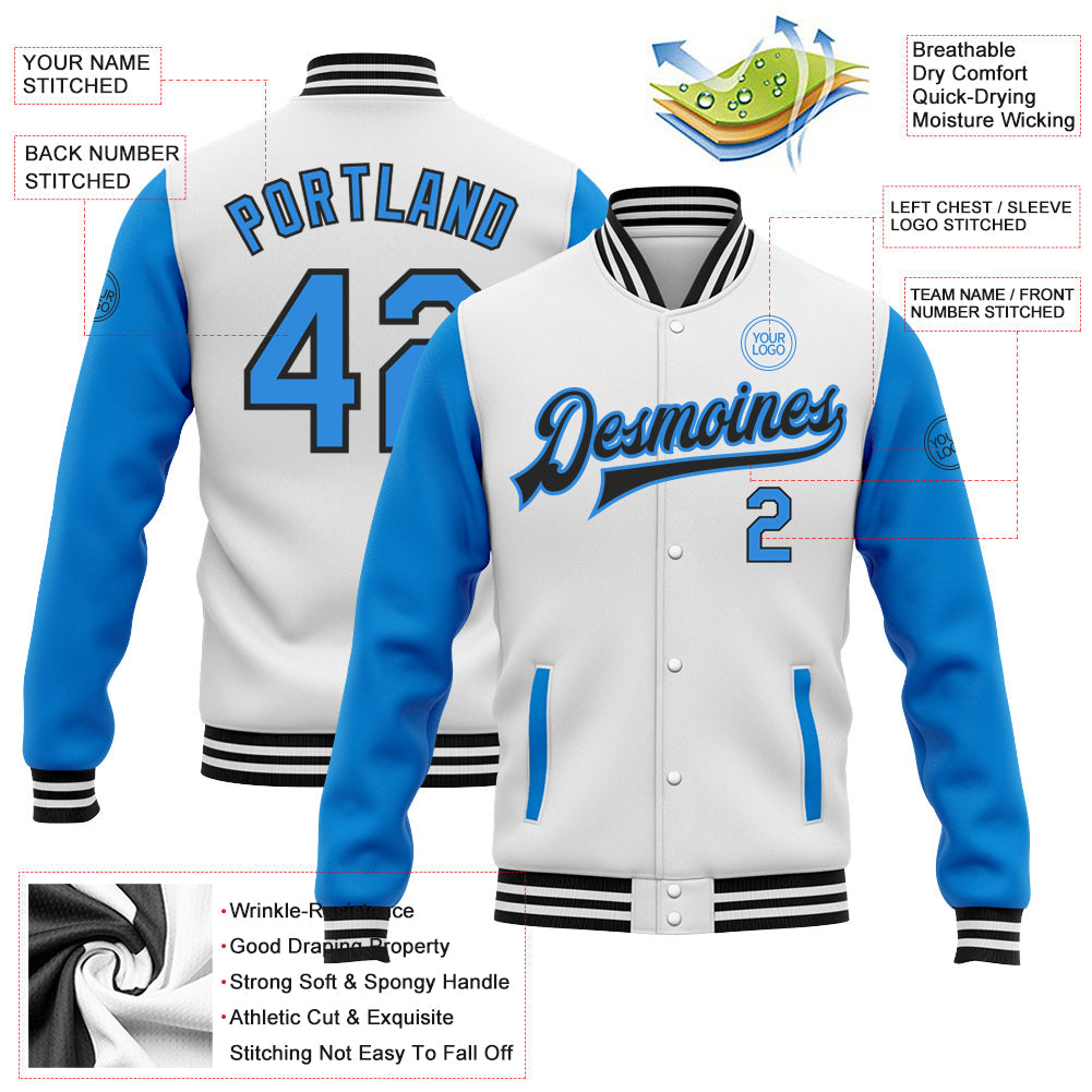 Custom White Powder Blue-Black Bomber Full-Snap Varsity Letterman Two Tone Jacket view 5
