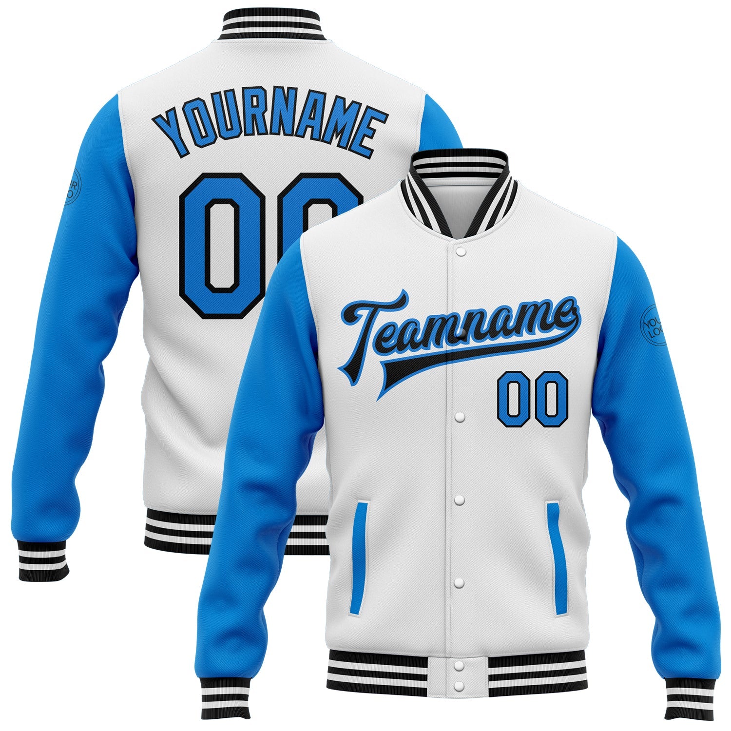 Custom White Powder Blue-Black Bomber Full-Snap Varsity Letterman Two Tone Jacket - Main View