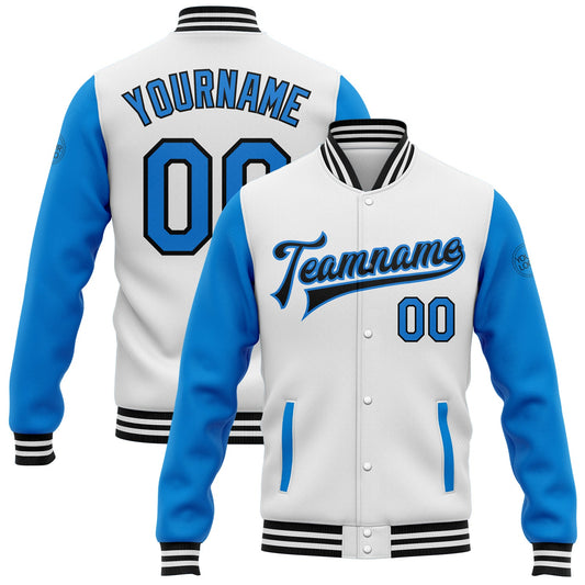 Custom White Powder Blue-Black Bomber Full-Snap Varsity Letterman Two Tone Jacket - Main View