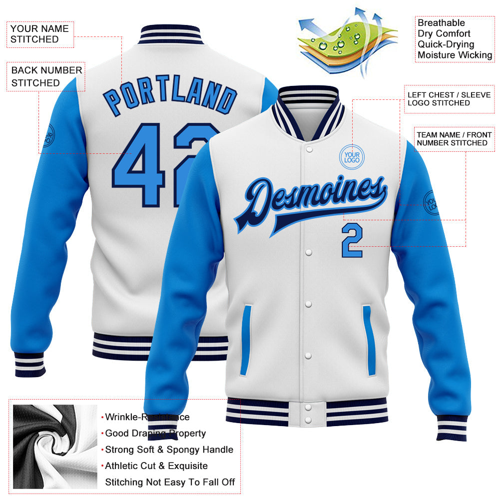 Custom White Powder Blue-Navy Bomber Full-Snap Varsity Letterman Two Tone Jacket view 5