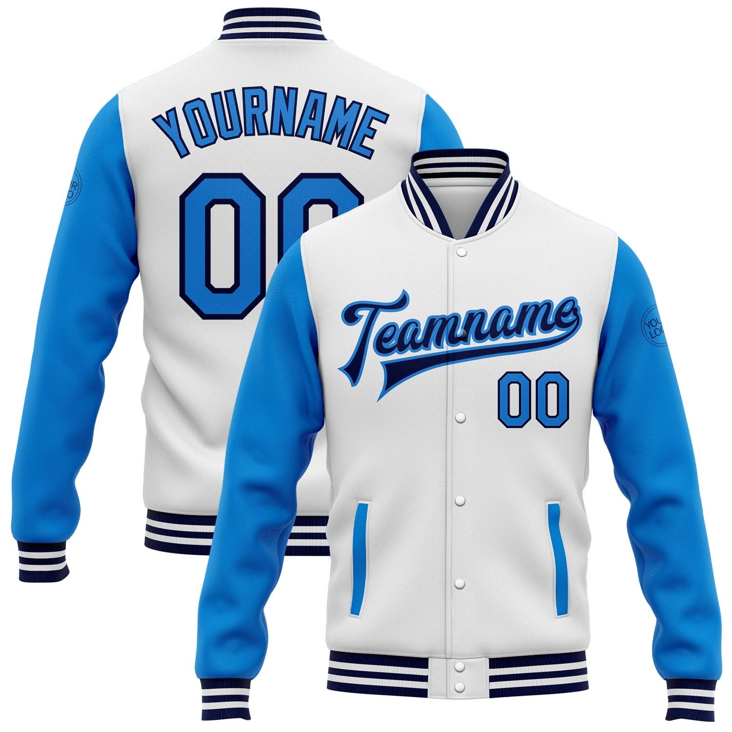 Custom White Powder Blue-Navy Bomber Full-Snap Varsity Letterman Two Tone Jacket - Main View
