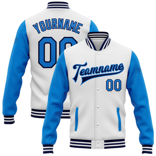 Custom White Powder Blue-Navy Bomber Full-Snap Varsity Letterman Two Tone Jacket - Main View