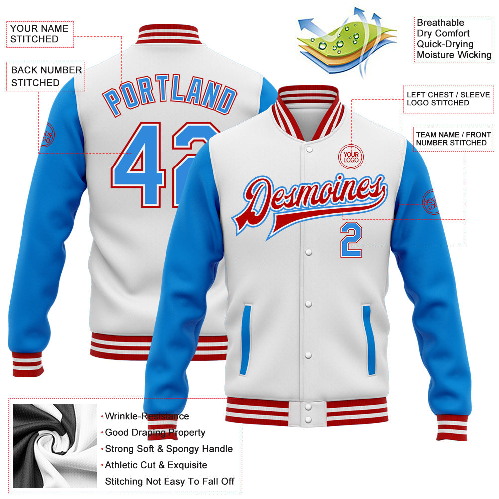 Custom White Powder Blue-Red Bomber Full-Snap Varsity Letterman Two Tone Jacket view 5