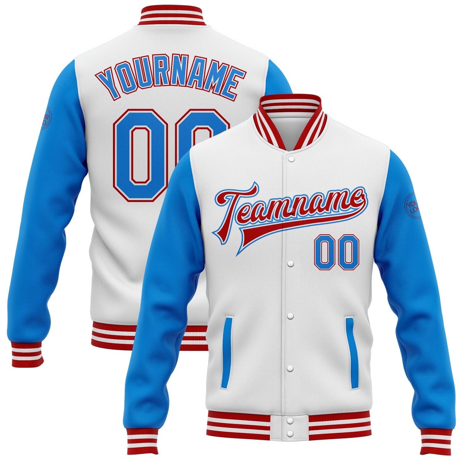 Custom White Powder Blue-Red Bomber Full-Snap Varsity Letterman Two Tone Jacket - Main View