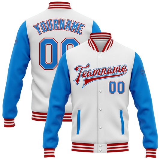 Custom White Powder Blue-Red Bomber Full-Snap Varsity Letterman Two Tone Jacket - Main View