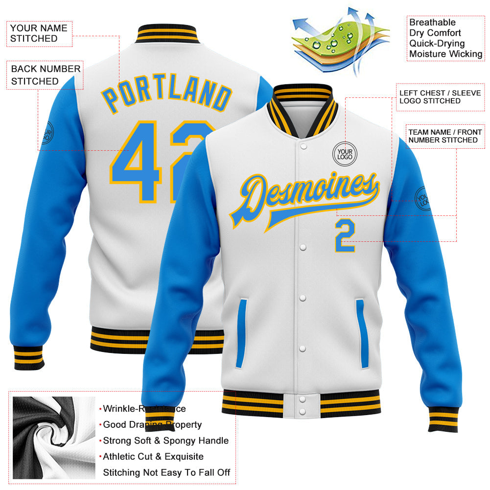 Custom White Powder Blue Gold-Black Bomber Full-Snap Varsity Letterman Two Tone Jacket view 5