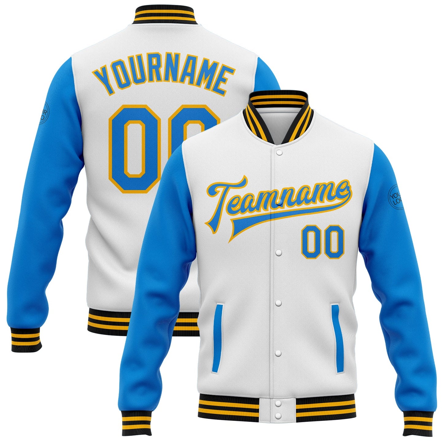 Custom White Powder Blue Gold-Black Bomber Full-Snap Varsity Letterman Two Tone Jacket - Main View