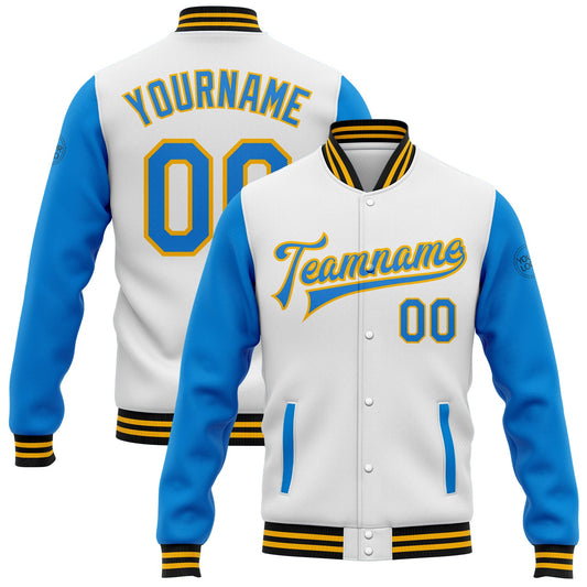 Custom White Powder Blue Gold-Black Bomber Full-Snap Varsity Letterman Two Tone Jacket - Main View