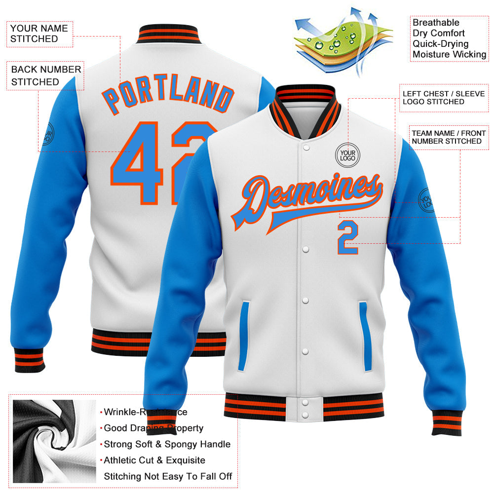 Custom White Powder Blue Orange-Black Bomber Full-Snap Varsity Letterman Two Tone Jacket view 5