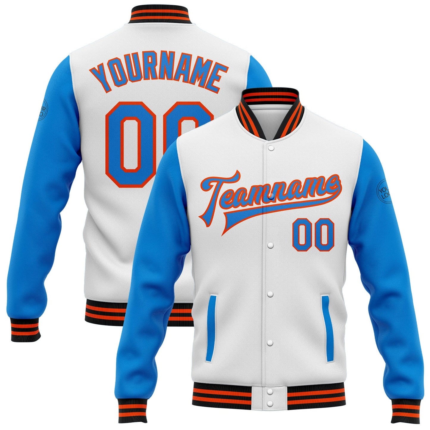 Custom White Powder Blue Orange-Black Bomber Full-Snap Varsity Letterman Two Tone Jacket - Main View