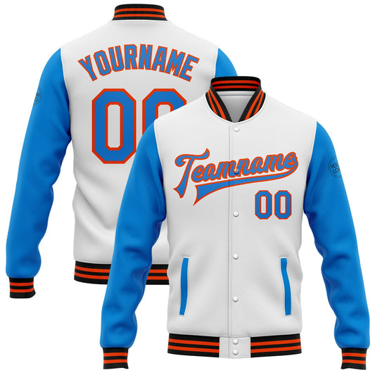 Custom White Powder Blue Orange-Black Bomber Full-Snap Varsity Letterman Two Tone Jacket - Main View