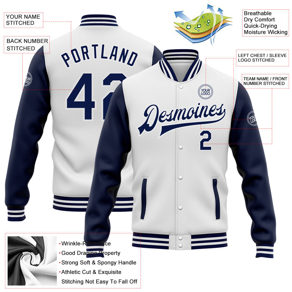 Custom White Navy Bomber Full-Snap Varsity Letterman Two Tone Jacket view 5