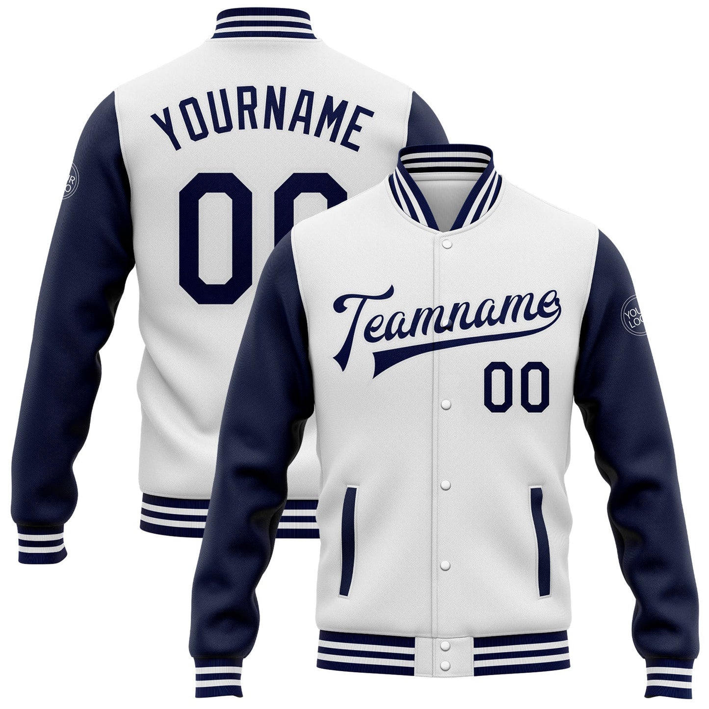 Custom White Navy Bomber Full-Snap Varsity Letterman Two Tone Jacket - Main View