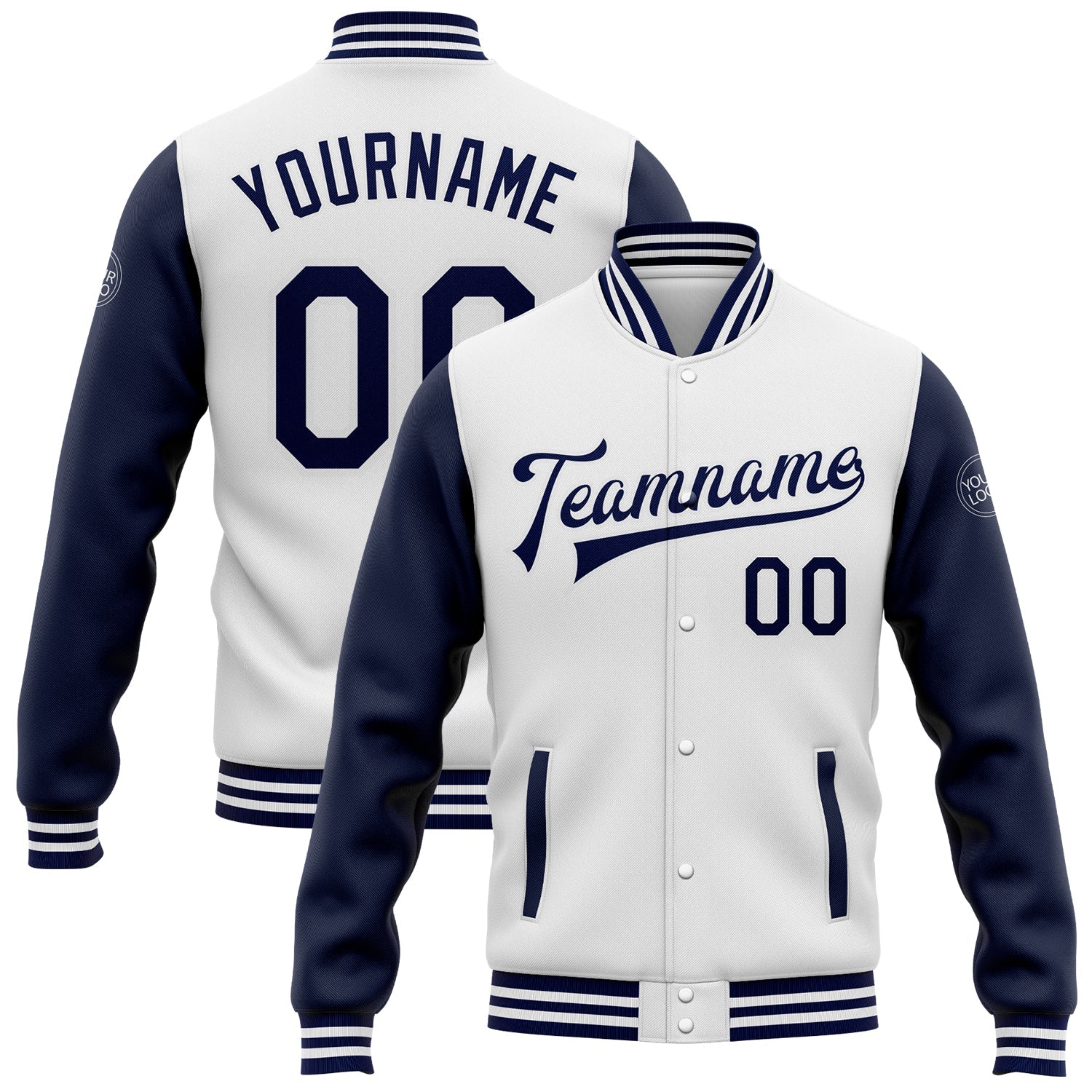 Custom White Navy Bomber Full-Snap Varsity Letterman Two Tone Jacket - Main View